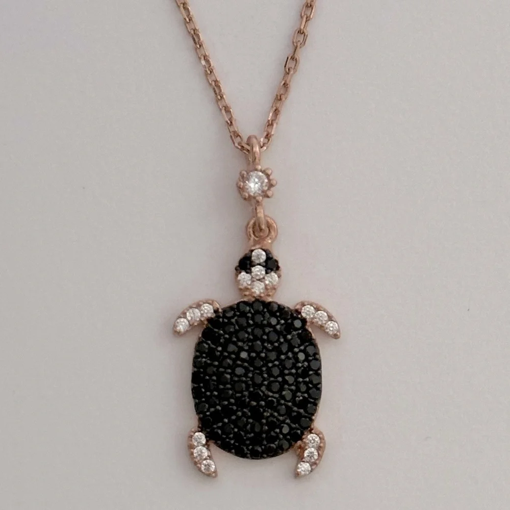 925 Silver turtle necklace black & clear cz zirconia stones 14k rose gold plated